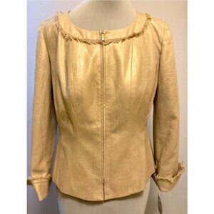 Latina gold linen blend zip front jacket with fringe detail